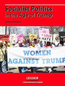 Pamphlet cover for Socialist Politics in the Age of Trump. Features an image of a demonstration. People are holding a large banner that says 
